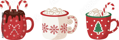 Festive Christmas mugs with hot chocolate marshmallows and candy canes cozy winter drinks
