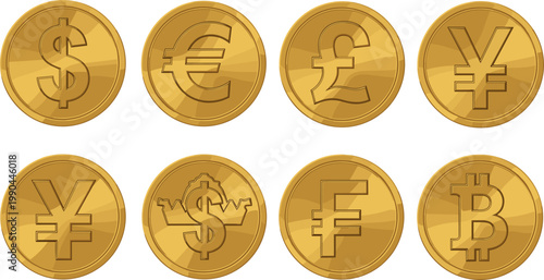 Gold coin set with international currency symbols dollar euro pound yen and bitcoin isolated on white background for finance banking and money design concepts