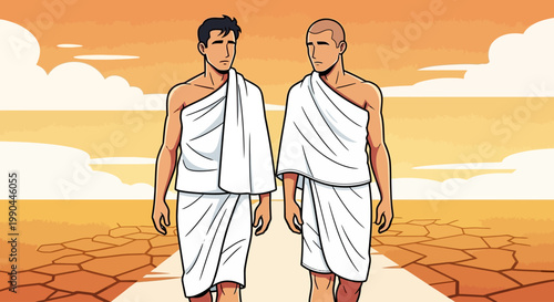Two Men in White Robes Walk on a Cracked Path Through a Desert Landscape, Embarking on a Spiritual Journey or Ancient Pilgrimage