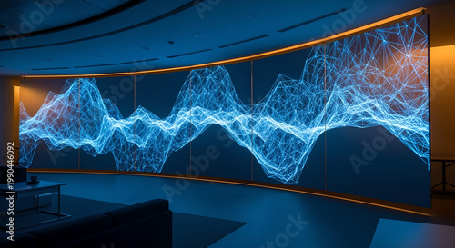 A vibrant display of glowing blue and orange network lines on a large screen in a dark room with a futuristic ambiance and technology elements