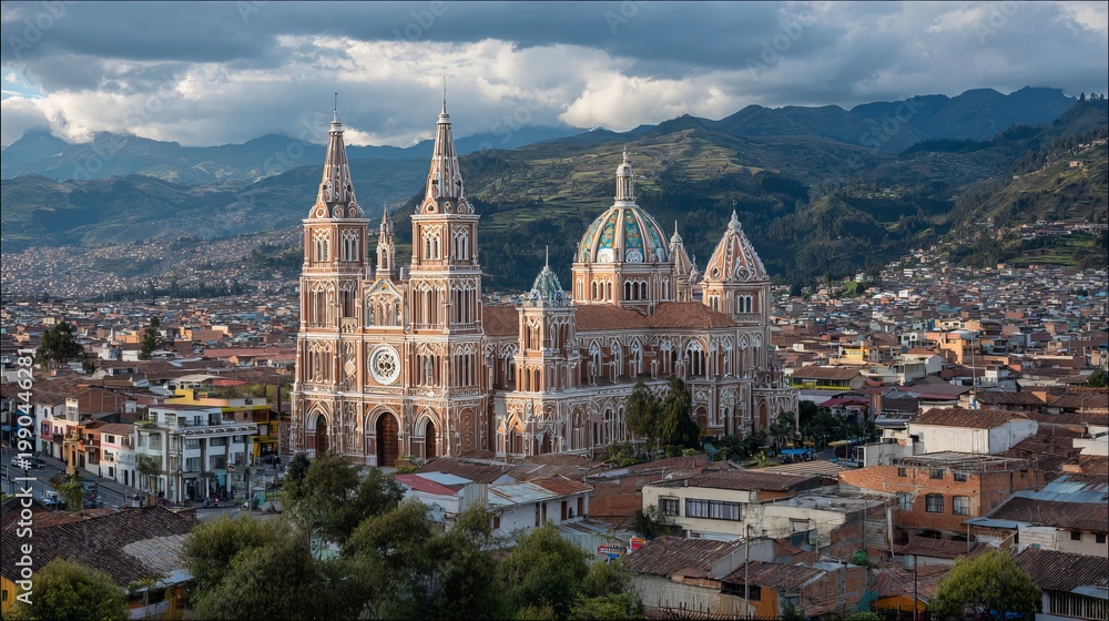 Fototapeta premium Cuenca's Immaculate Conception Cathedral, built in 1885, stands in Ecuador.