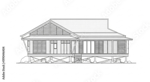 Modern Tropical Wooden Stilt House Facade Elevation CAD Drawing, Residential Architecture Technical Blueprint Vector
