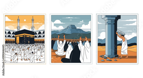 Cultural and religious pilgrimage vector art series featuring sacred rituals, prayer, and symbolic acts of faith