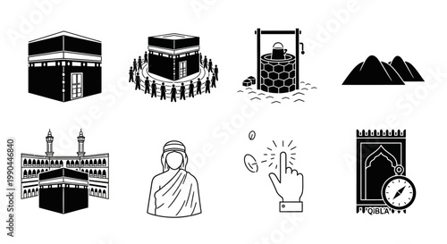 Islamic pilgrimage symbols including Kaaba, Zamzam well, and prayer rug