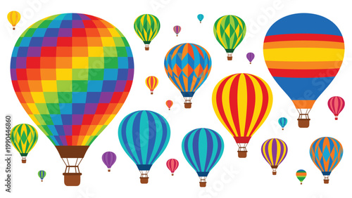 Collection of colorful hot air balloons floating in sky, bright and festive atmosphere.