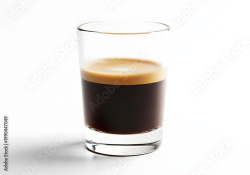 A captivating shot showcases the rich, dark essence of espresso in a petite glass, perfect for invigorating mornings, highlighting the beverage's inviting color and frothy crema, and tempting