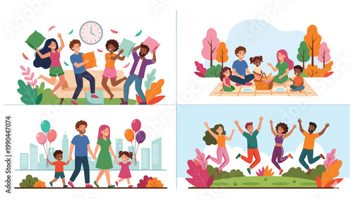 Family activities collection featuring pillow fight picnic city walk and jumping in park.