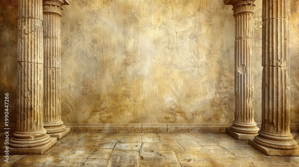 Fototapeta premium Yellow background with pillars. Ancient Greece and Roman empire textured wallpaper. Copy space