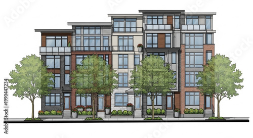 Modern Townhouse Facade Elevation CAD Drawing, Urban Residential Row Housing Architectural Blueprint Vector