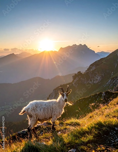 Wild Mountain Goat Standing On Grassy Alpine Slope During Golden Sunrise With Majestic Peaks And Sun Rays In The Background