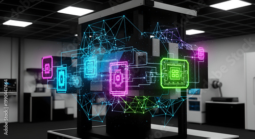 A futuristic architectural visualization of a high-tech room with glowing neon graphics and sleek furniture displays advanced technology and innovative design elements.