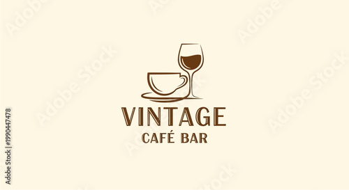 Vintage Cafe Bar Logo Design with Coffee Cup and Wine Glass.