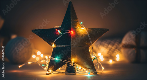 A shiny star decoration with colorful lights and ornaments on a table indoors