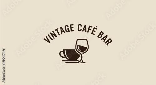 Vintage Cafe Bar Logo with Coffee Cup and Wine Glass.