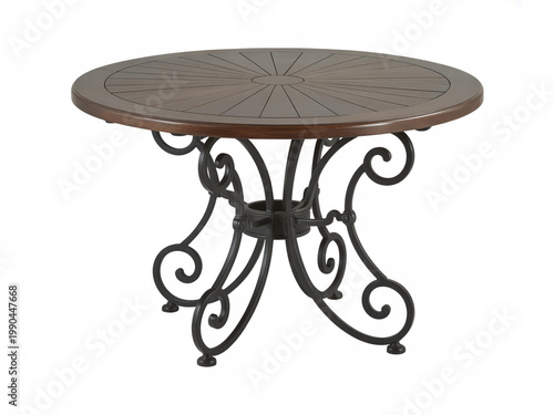Elegant metal table with ornate scrollwork legs and a round top surface