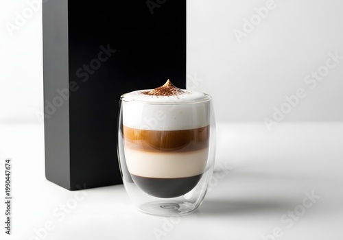 A decadent layered coffee beverage in a transparent glass, complete with frothy milk and a dusting of cocoa, presents a rich and inviting experience next to an upscale dark package, promising