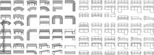 Black white CAD seating furniture plan view set, sofas, benches, chairs, sectional modules for auditorium, theater, conference, and waiting area architectural floor plan design symbols
