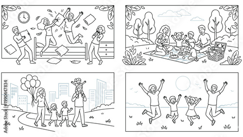 Family lifestyle activity scenes showing pillow fight picnic city walk and jumping fun.