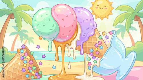 Joyful cartoon illustration of colorful ice cream cones melting deliciously on a sunny tropical beach, evoking a sweet summer vacation memory