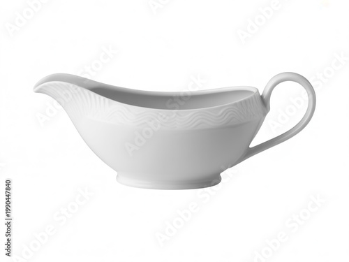 Elegant white ceramic gravy boat with a smooth handle for serving dishes