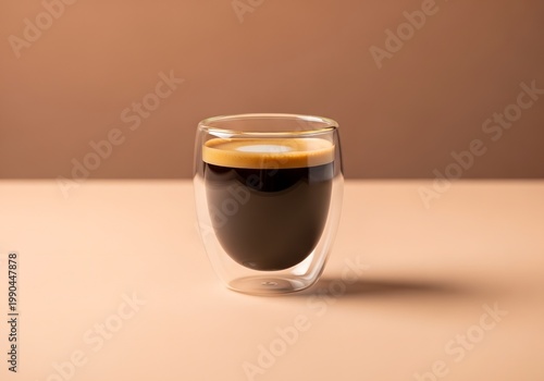 A glass cup filled with dark espresso, showcasing its rich, aromatic nature and the inviting crema on top, creates a warm ambiance that is perfect for coffee enthusiasts and beverage