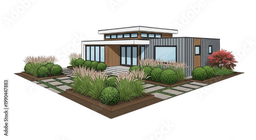 Contemporary residential architecture illustration with integrated garden landscape design for modern living