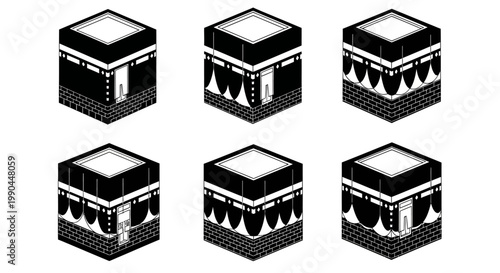 Illustrations of the Kaaba in Mecca from multiple perspectives in a digital art style