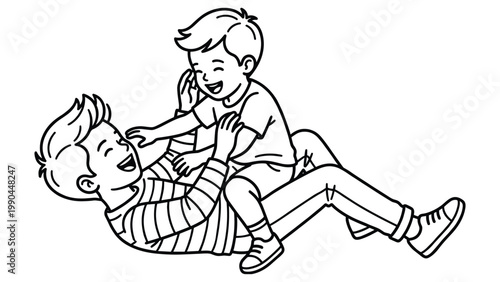 Father and son playing together, tickling and laughing, black and white.