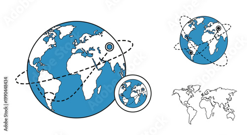 Representing worldwide connectivity through a set of illustrative earth maps, pinpoints, and travel routes, perfect for global communication themes