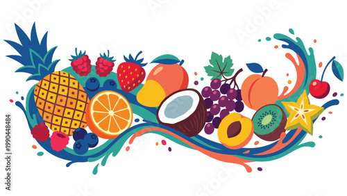 Fresh delicious juicy summer fruits on splashing wavy liquid stream vector illustration design.