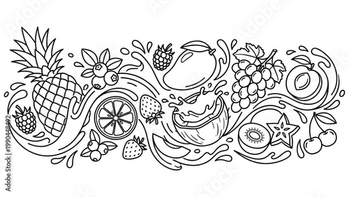 Fresh fruit mix doodle with splash of juice black and white coloring page for kids adult.