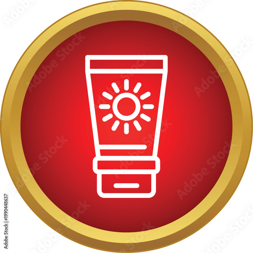 Sunscreen lotion tube with a sun symbol inside a red and gold round button