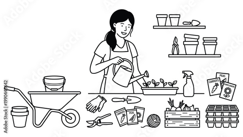 Gardening woman watering seedlings with watering can line art illustration for coloring book.