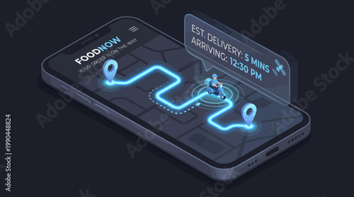 Food delivery tracking app on smartphone showing route and estimated arrival time, a perfect visual for modern food ordering services