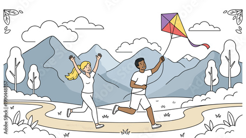 Happy couple flying kite in mountains, outdoor recreation and freedom concept.