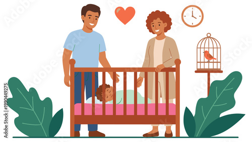 Happy parents looking at baby sleeping peacefully in wooden crib vector illustration.