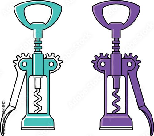 Manual corkscrew bottle opener set with colorful wine opener tools isolated on white background for kitchen bar equipment and beverage accessory design