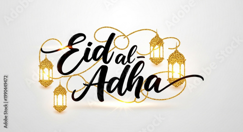 Elegant Eid al-Adha calligraphy with glowing lanterns a festive Islamic holiday greeting for celebrations and invitations isolated on white