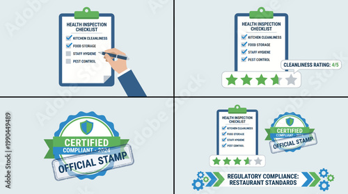 Animated vector illustration of a health inspection checklist, compliance certification, and restaurant cleanliness rating standards