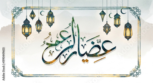 Ramadan Kareem Arabic calligraphy with lanterns and crescent moons festive Islamic greeting for Ramadan and Eid celebrations elegant design 