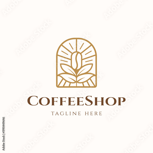 Coffee shop logo with coffee bean plant and sun rays minimal line art