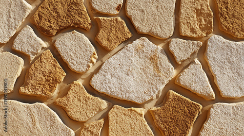 Beige stone wall texture with rough natural masonry surface forming detailed rock pattern background