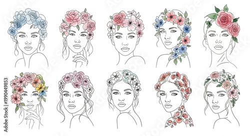 Woman faces decorated with delicate botanical flower crowns appear here.