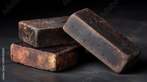 Charred brick stack on rustic dark texture