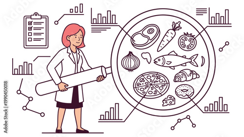 Scientist examines nutrition with magnifying glass showing healthy and unhealthy food items.