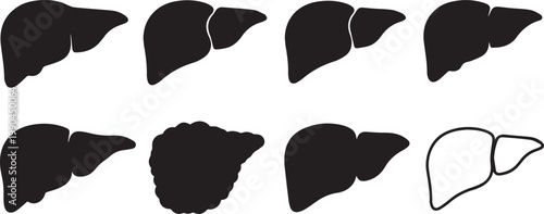 A collection of various liver silhouettes on a white background for medical illustration purposes
