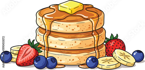 Delicious Stack of Pancakes with Butter, Maple Syrup, Fresh Strawberries, Blueberries, and Bananas, Ideal for Breakfast, Brunch, and Morning Indulgence, Topped with Fruit and Sweet Syrup Drizzle