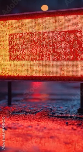 A street sign stands out on a wet street at night, providing clear visibility in the darkness vertical frame