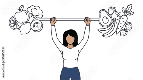 Strong woman lifting barbell made of fresh fruits and vegetables for healthy diet concept.