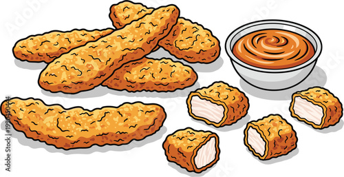 Fried chicken tenders with dipping sauce vector illustration set, crispy breaded chicken strips and sliced pieces isolated on white background for fast food menu, snack packaging and restaurant design